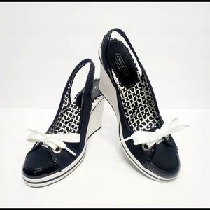 Coach black and white sling back wedges